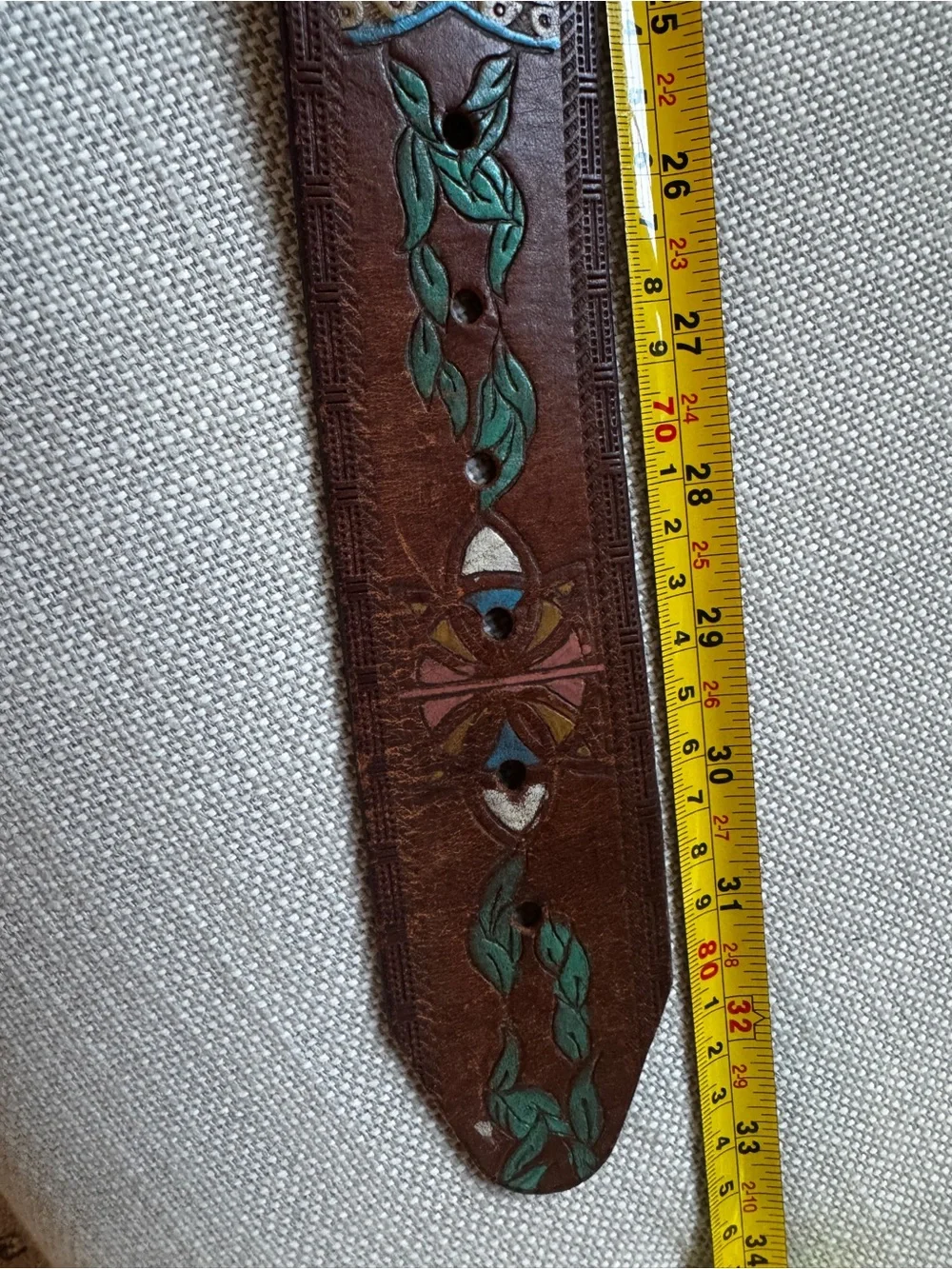 Vintage  Navajo Hand Tooled Painted Cowhide Leather Western Buckle Belt 28 Steer